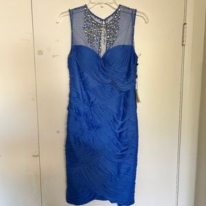 Blue bejeweled Adrianna Pappell tulle cocktail dress